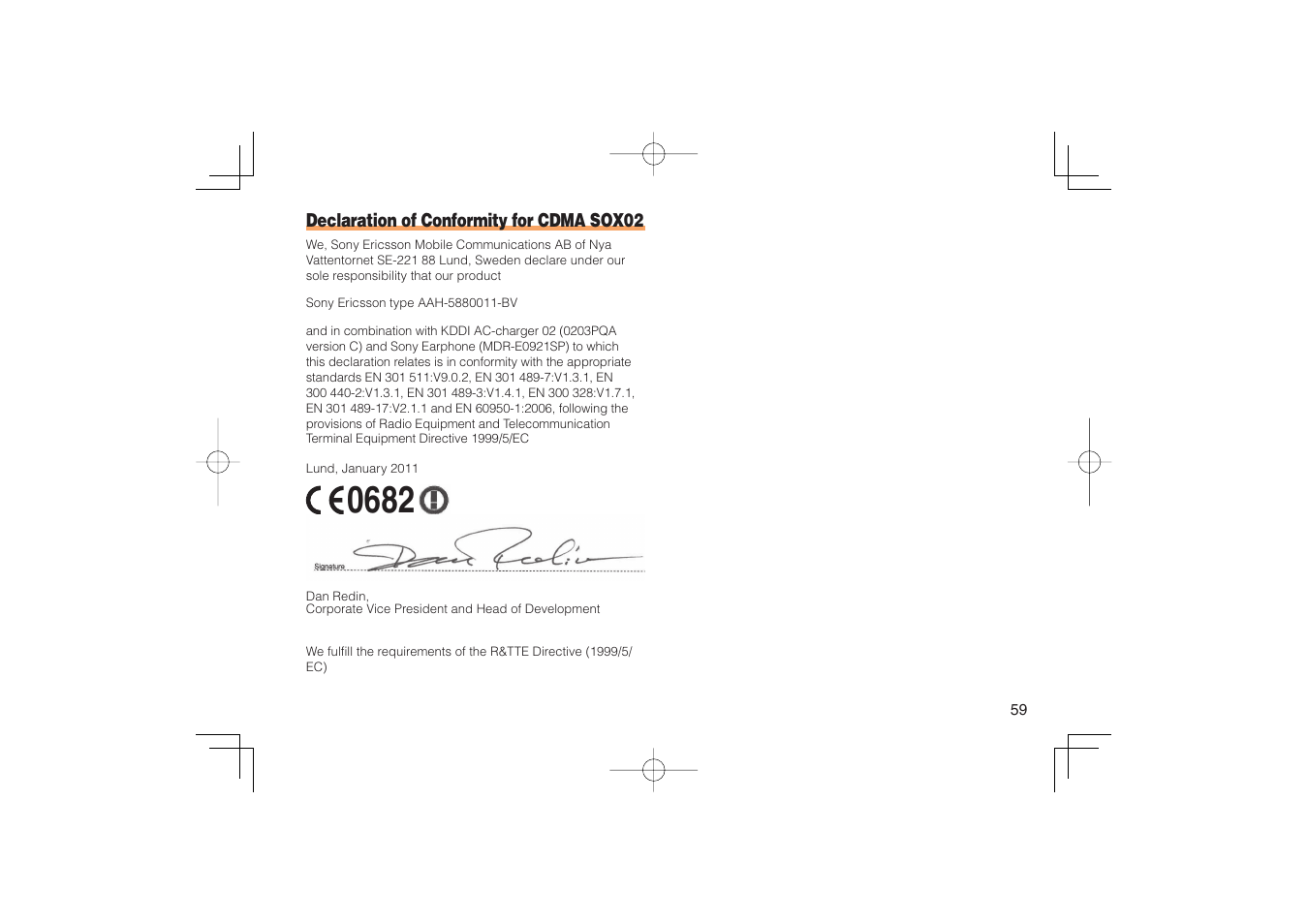 Declaration of conformity for cdma sox02 | Sony Ericsson IIDA G11 User Manual | Page 61 / 62