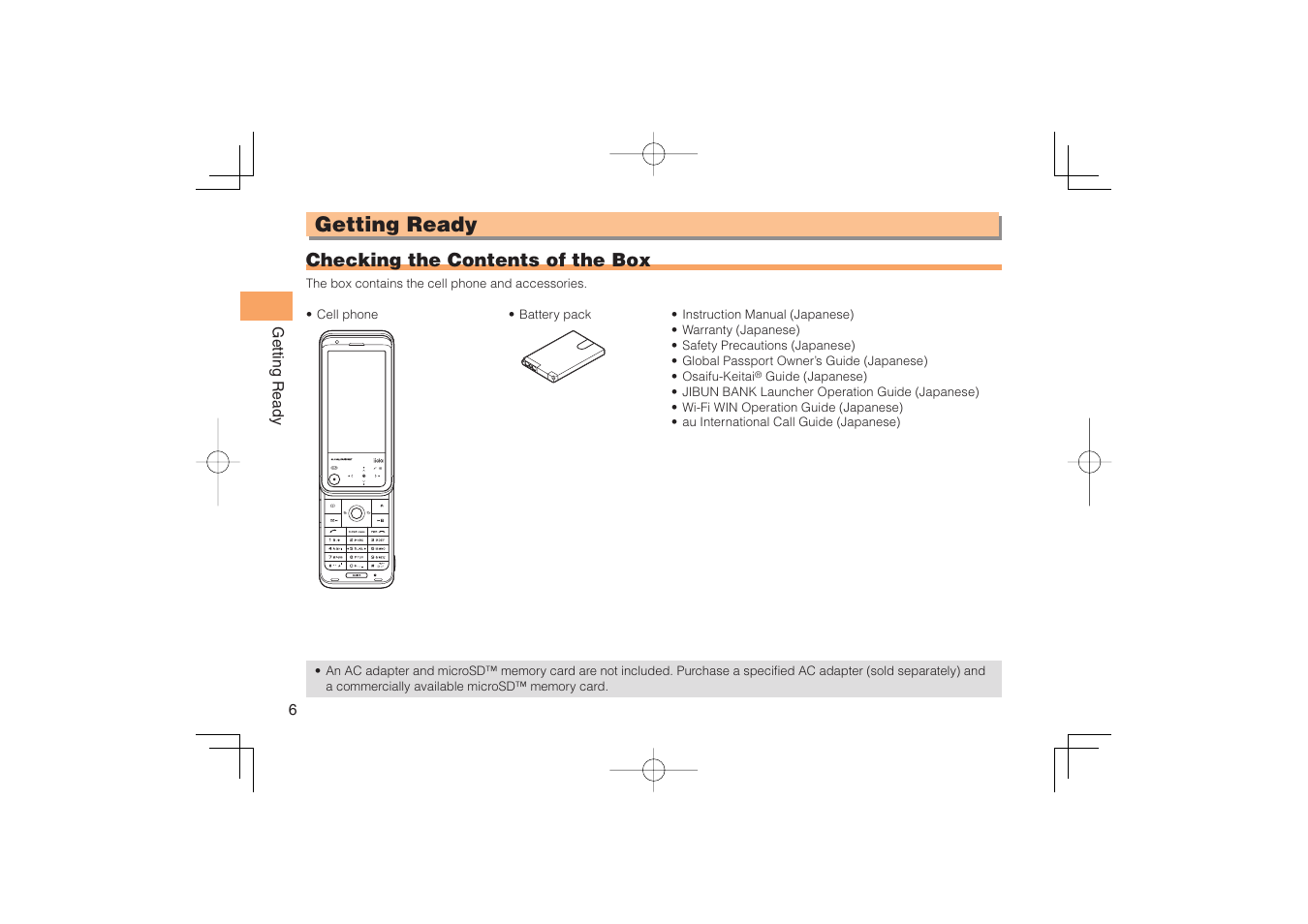 Getting ready, Checking the contents of the box | Sony Ericsson IIDA G11 User Manual | Page 8 / 62