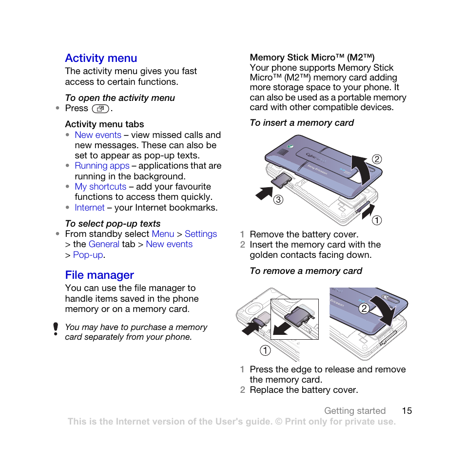 Activity menu file manager, Activity menu, File manager | Sony Ericsson K770i User Manual | Page 17 / 84