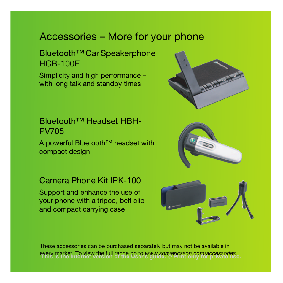 Accessories – more for your phone | Sony Ericsson K770i User Manual | Page 2 / 84