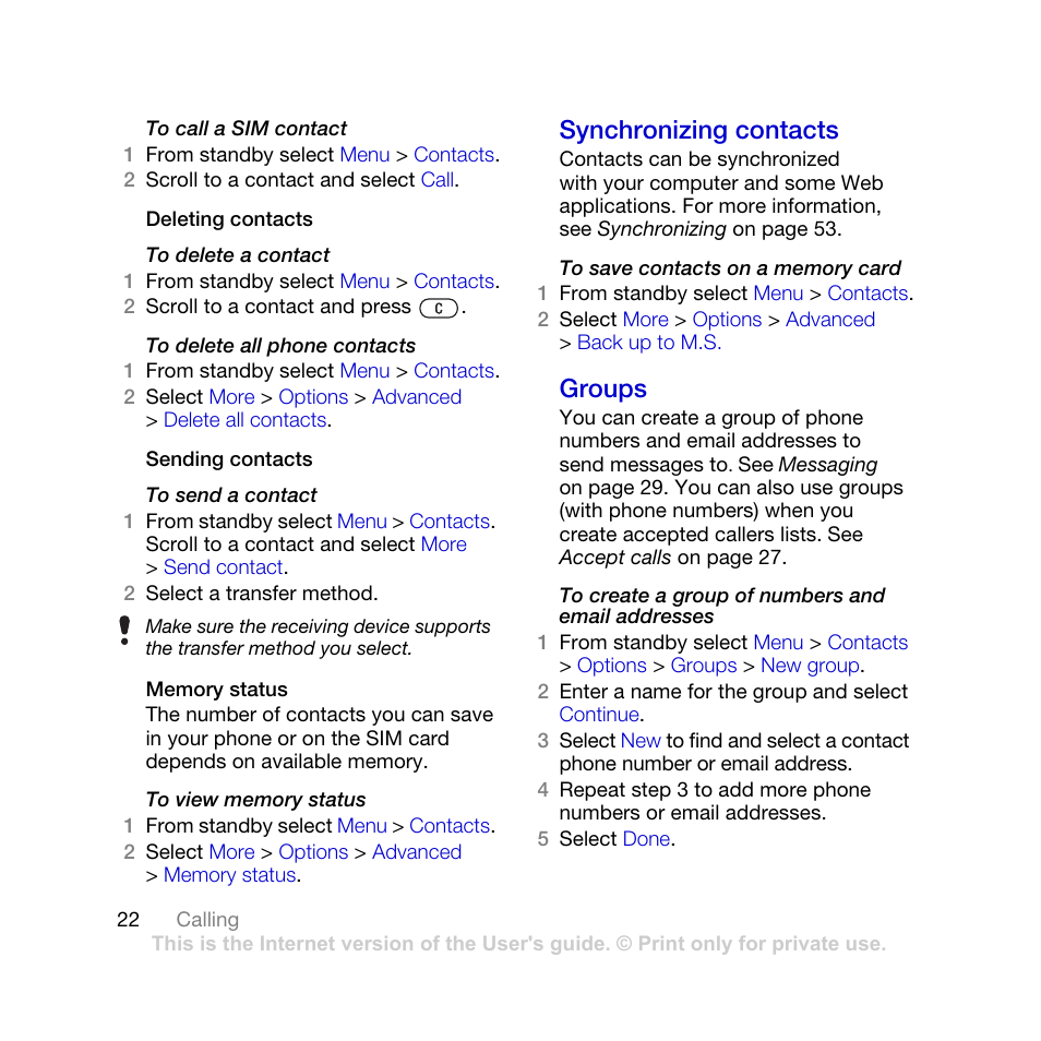 Synchronizing contacts groups, Synchronizing contacts, Groups | Sony Ericsson K770i User Manual | Page 24 / 84