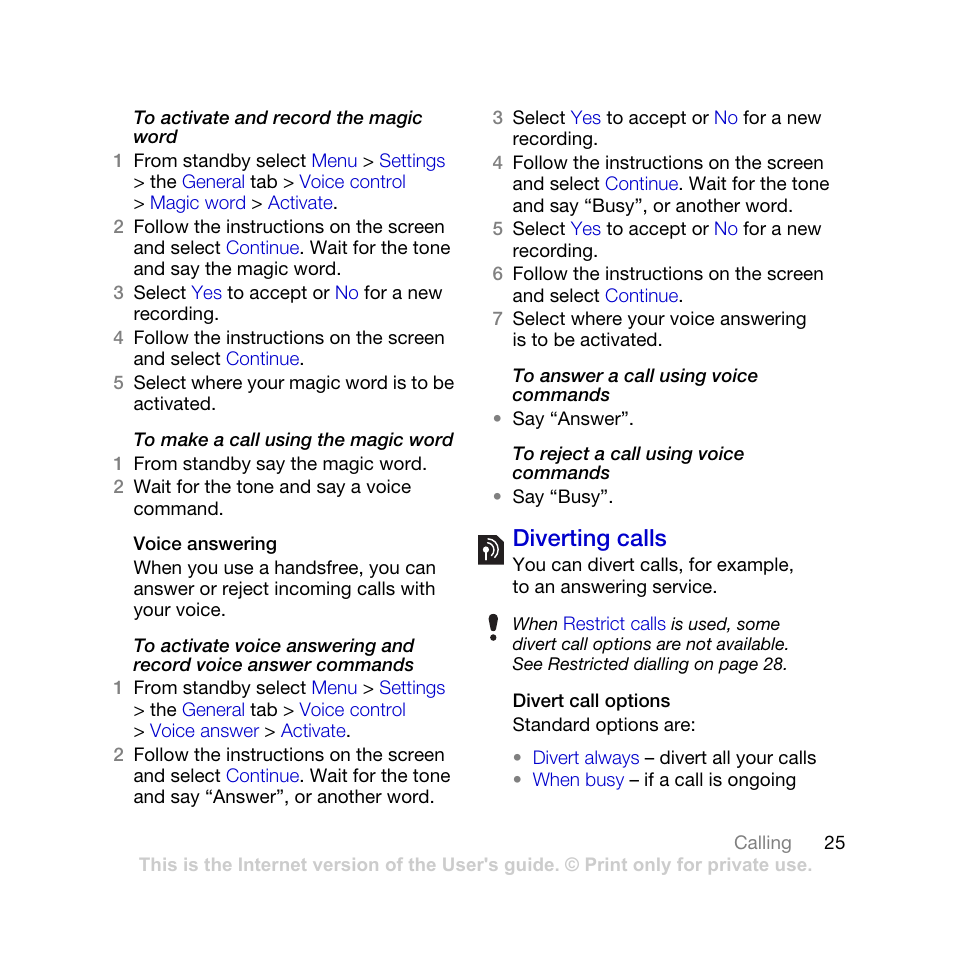 Diverting calls | Sony Ericsson K770i User Manual | Page 27 / 84