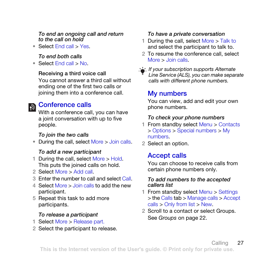 Conference calls my numbers accept calls, Conference calls, My numbers | Accept calls | Sony Ericsson K770i User Manual | Page 29 / 84