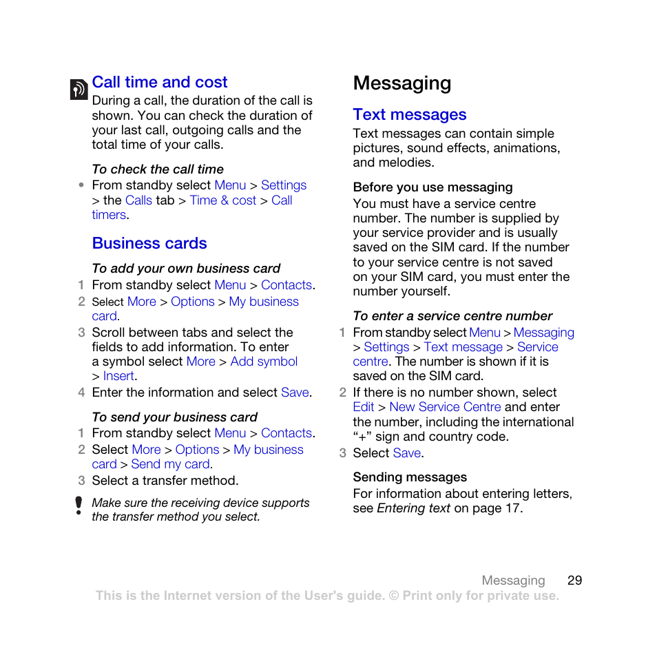 Messaging, Call time and cost business cards, Text messages | Call time and cost, Business cards | Sony Ericsson K770i User Manual | Page 31 / 84