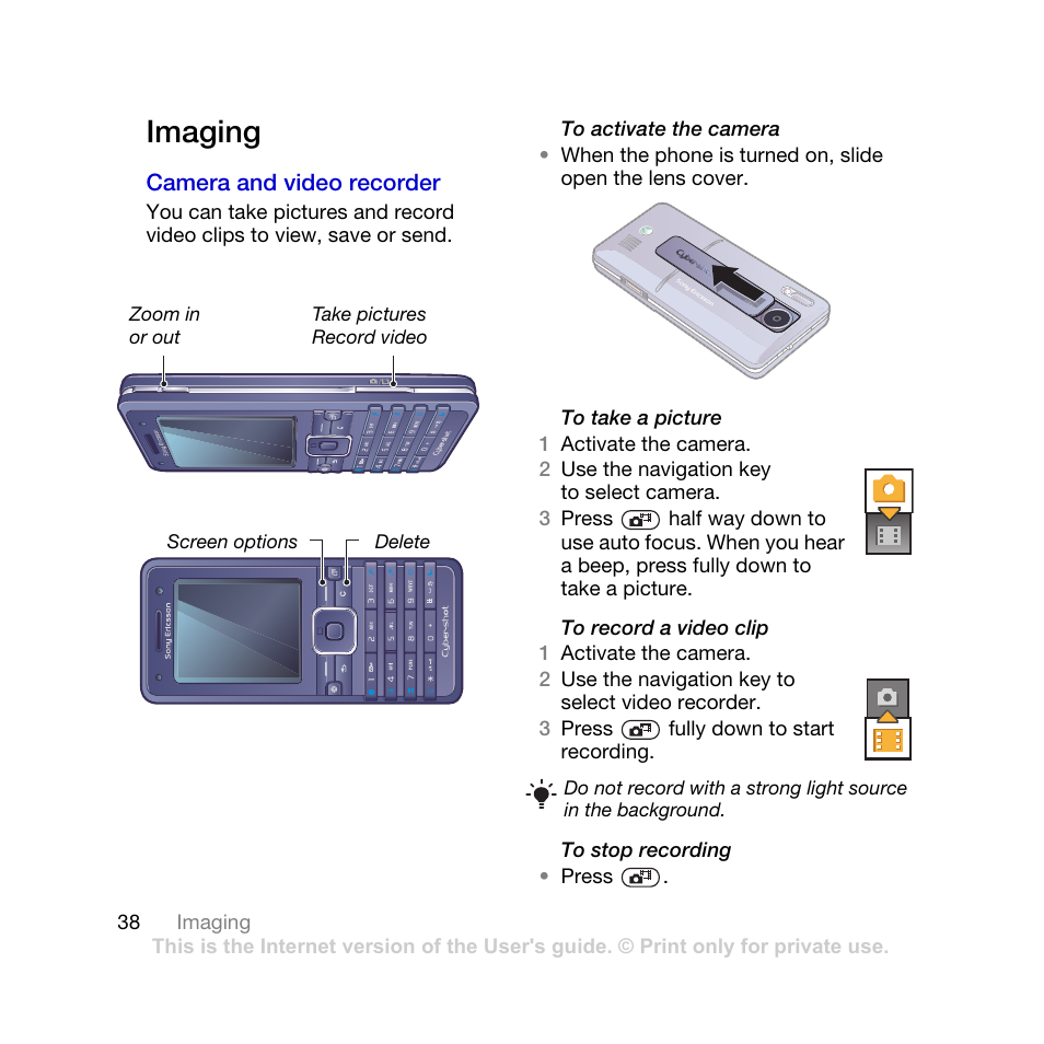 Imaging, Camera and video recorder | Sony Ericsson K770i User Manual | Page 40 / 84