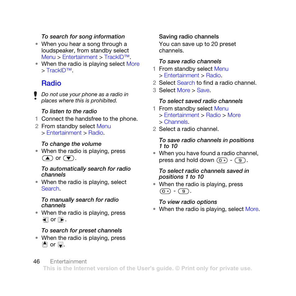 Radio | Sony Ericsson K770i User Manual | Page 48 / 84