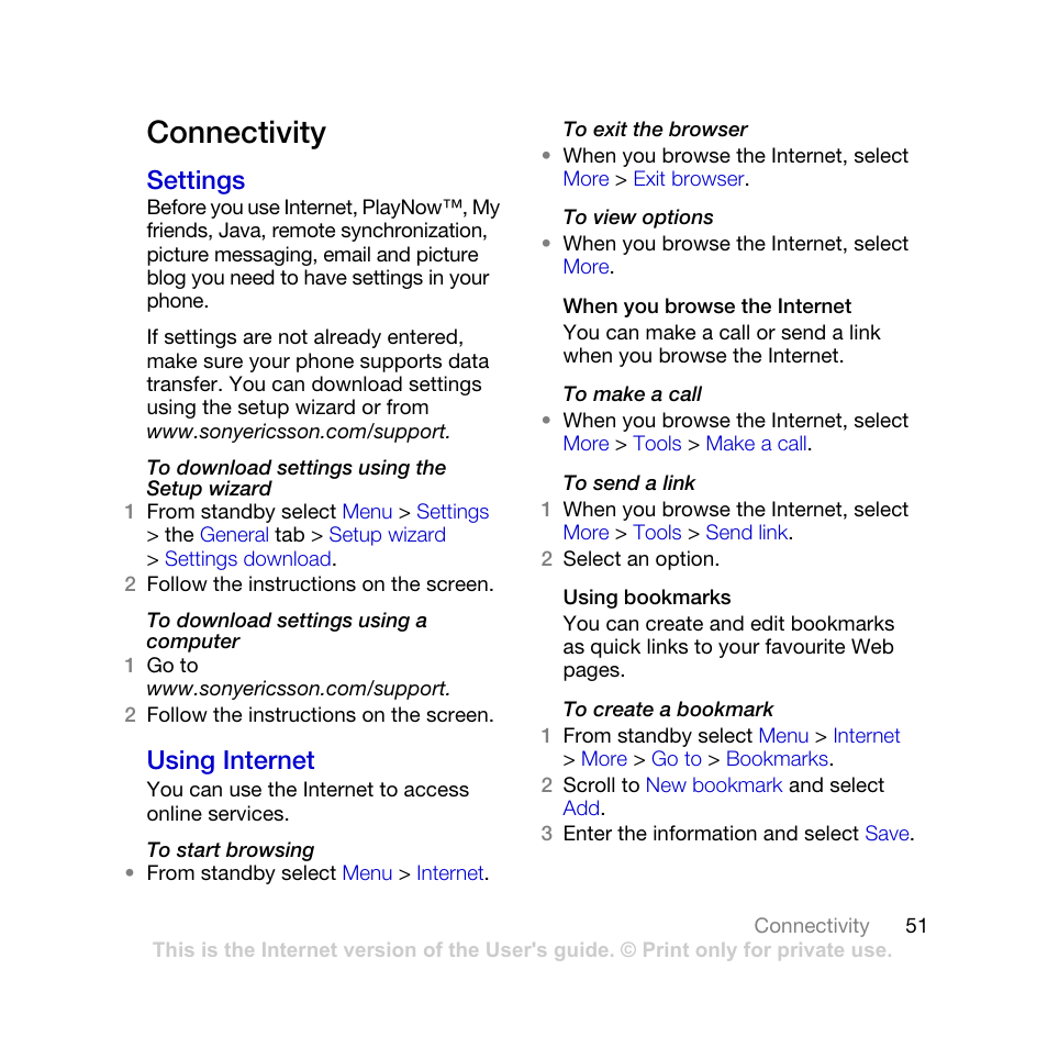 Connectivity, Settings using internet, Settings | Using internet | Sony Ericsson K770i User Manual | Page 53 / 84