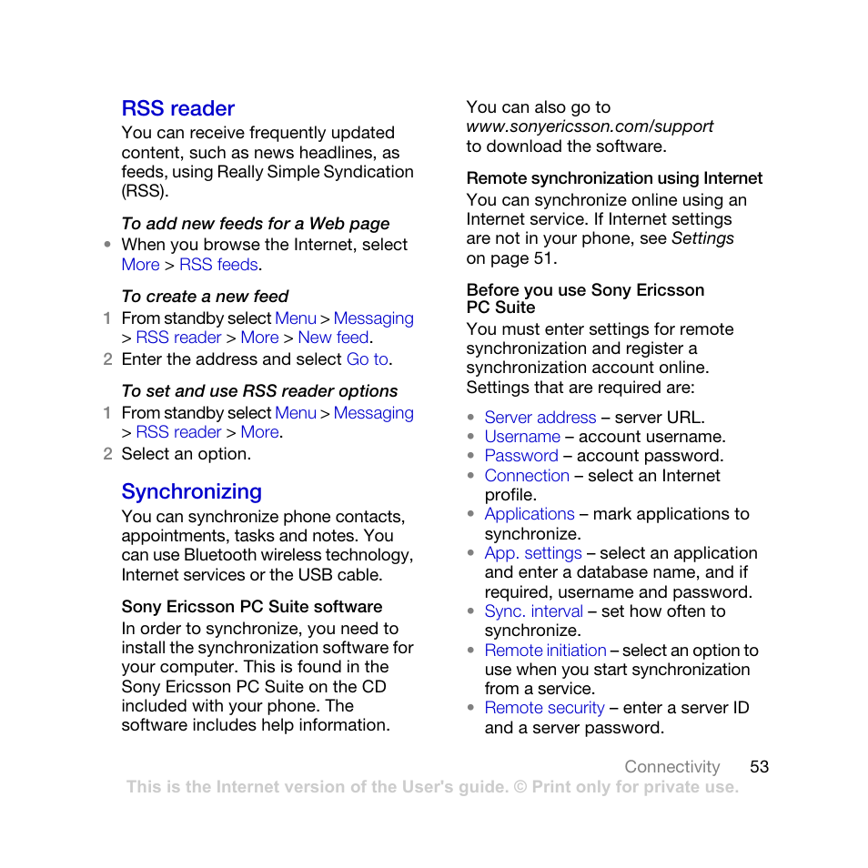 Rss reader synchronizing, Rss reader, Synchronizing | Sony Ericsson K770i User Manual | Page 55 / 84