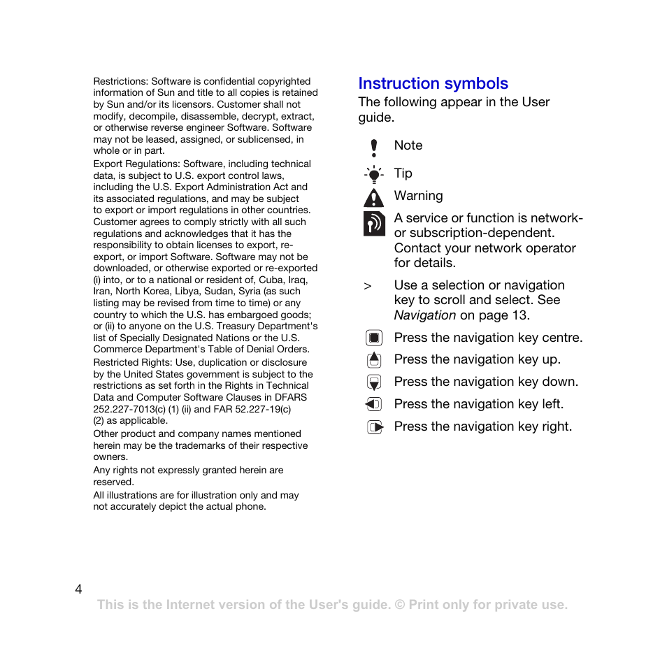 Instruction symbols | Sony Ericsson K770i User Manual | Page 6 / 84