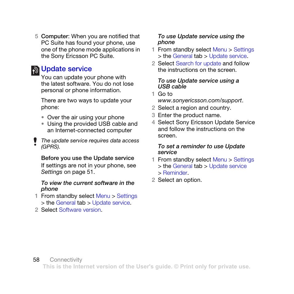 Update service | Sony Ericsson K770i User Manual | Page 60 / 84