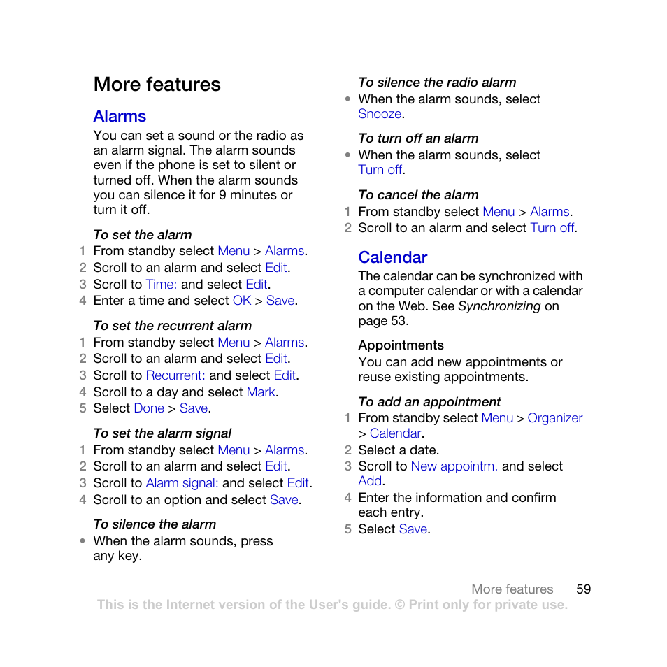 More features, Alarms calendar, Alarms | Calendar | Sony Ericsson K770i User Manual | Page 61 / 84