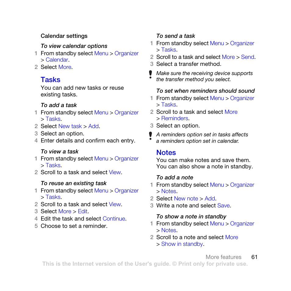 Tasks notes, Tasks | Sony Ericsson K770i User Manual | Page 63 / 84