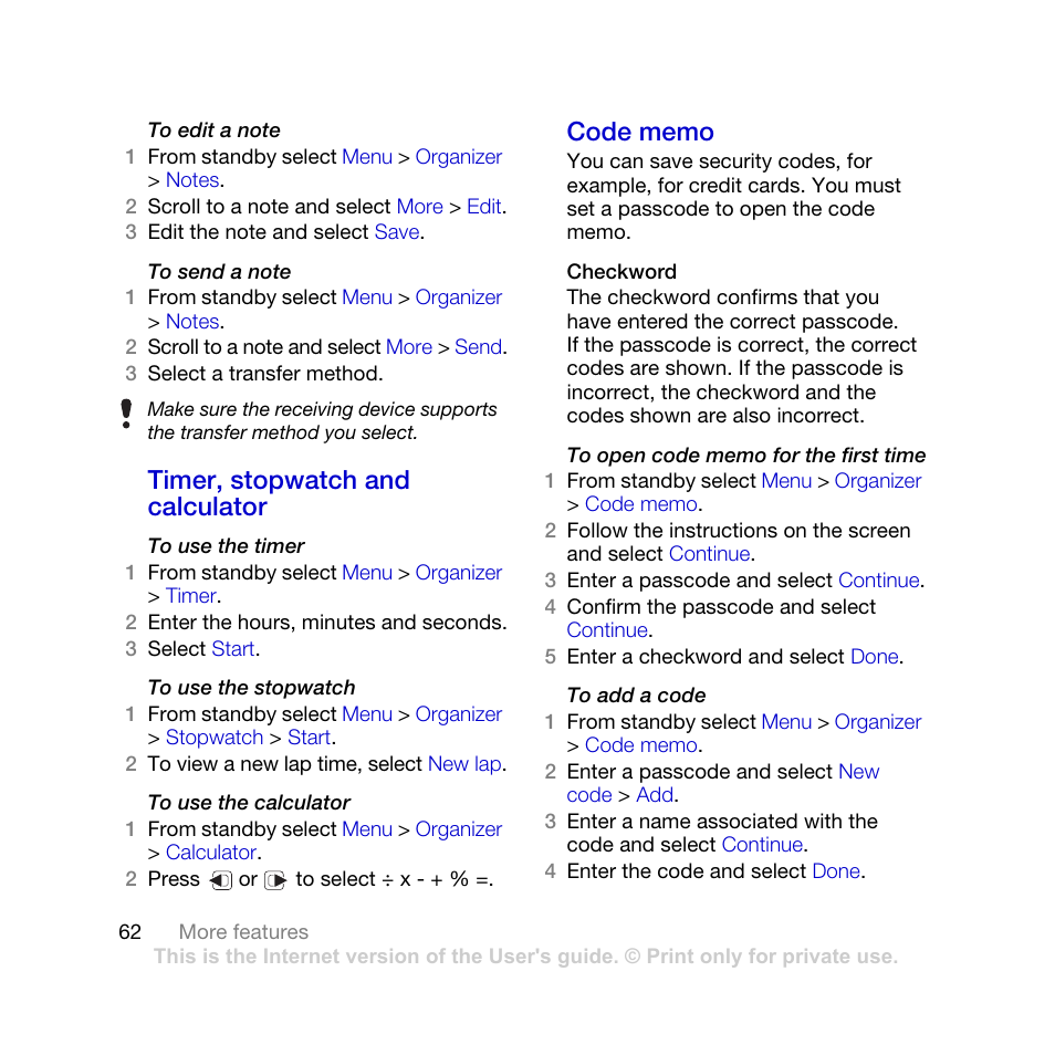 Timer, stopwatch and calculator code memo, Timer, stopwatch and calculator | Sony Ericsson K770i User Manual | Page 64 / 84