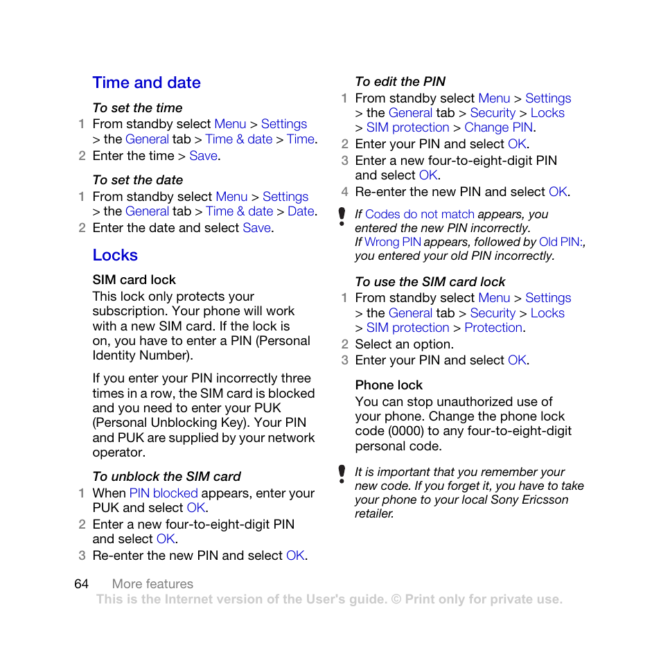 Time and date locks, Time and date, Locks | Sony Ericsson K770i User Manual | Page 66 / 84