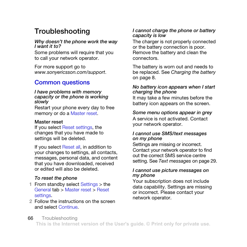 Troubleshooting, Common questions | Sony Ericsson K770i User Manual | Page 68 / 84