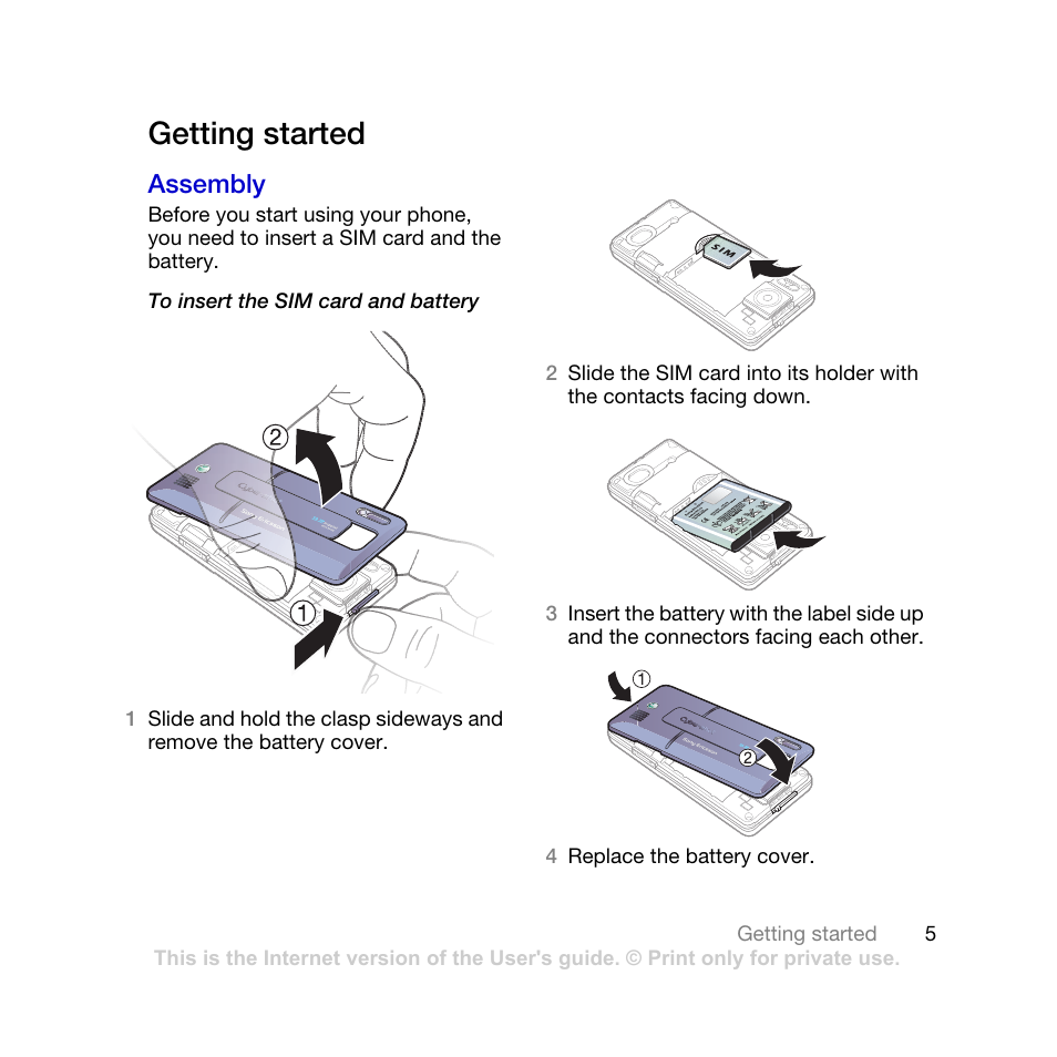 Getting started, Assembly | Sony Ericsson K770i User Manual | Page 7 / 84