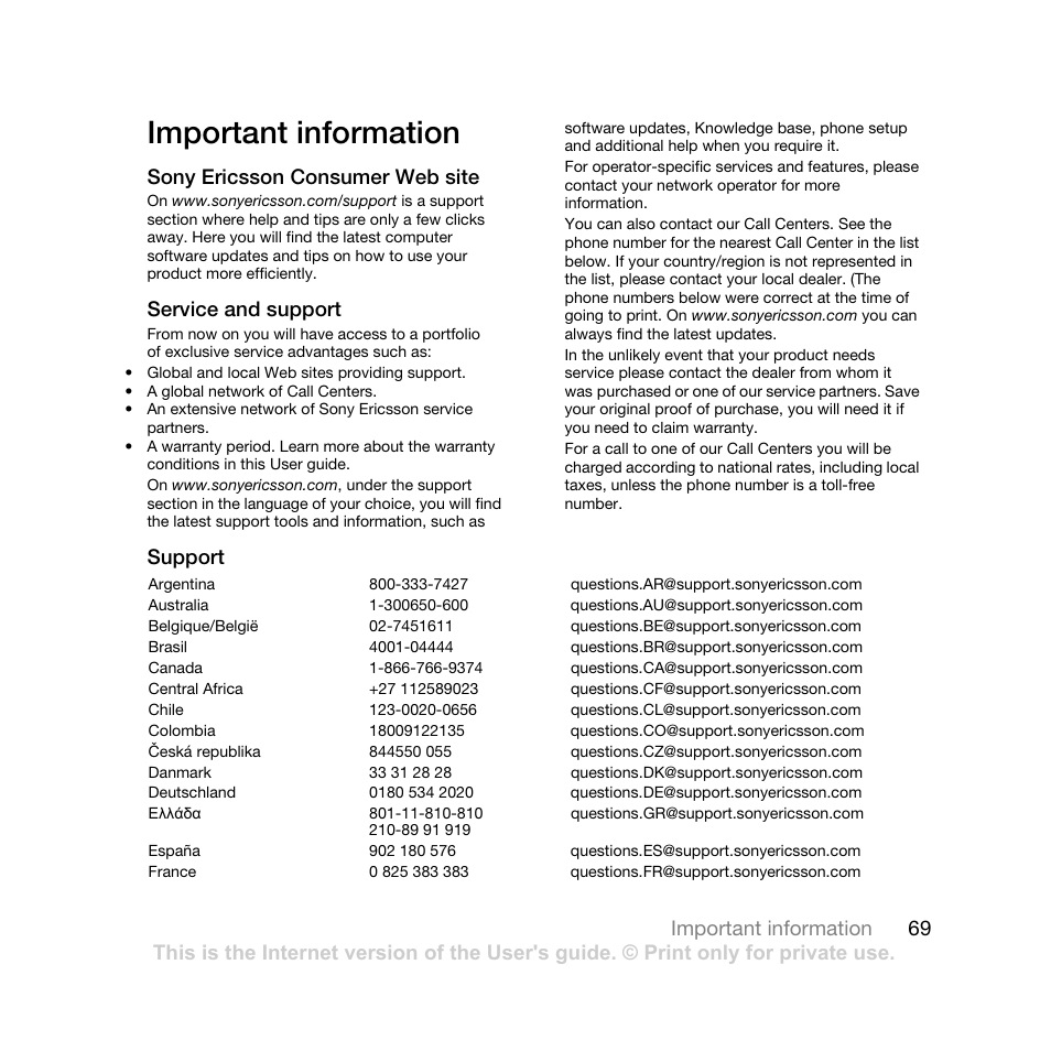 Important information | Sony Ericsson K770i User Manual | Page 71 / 84