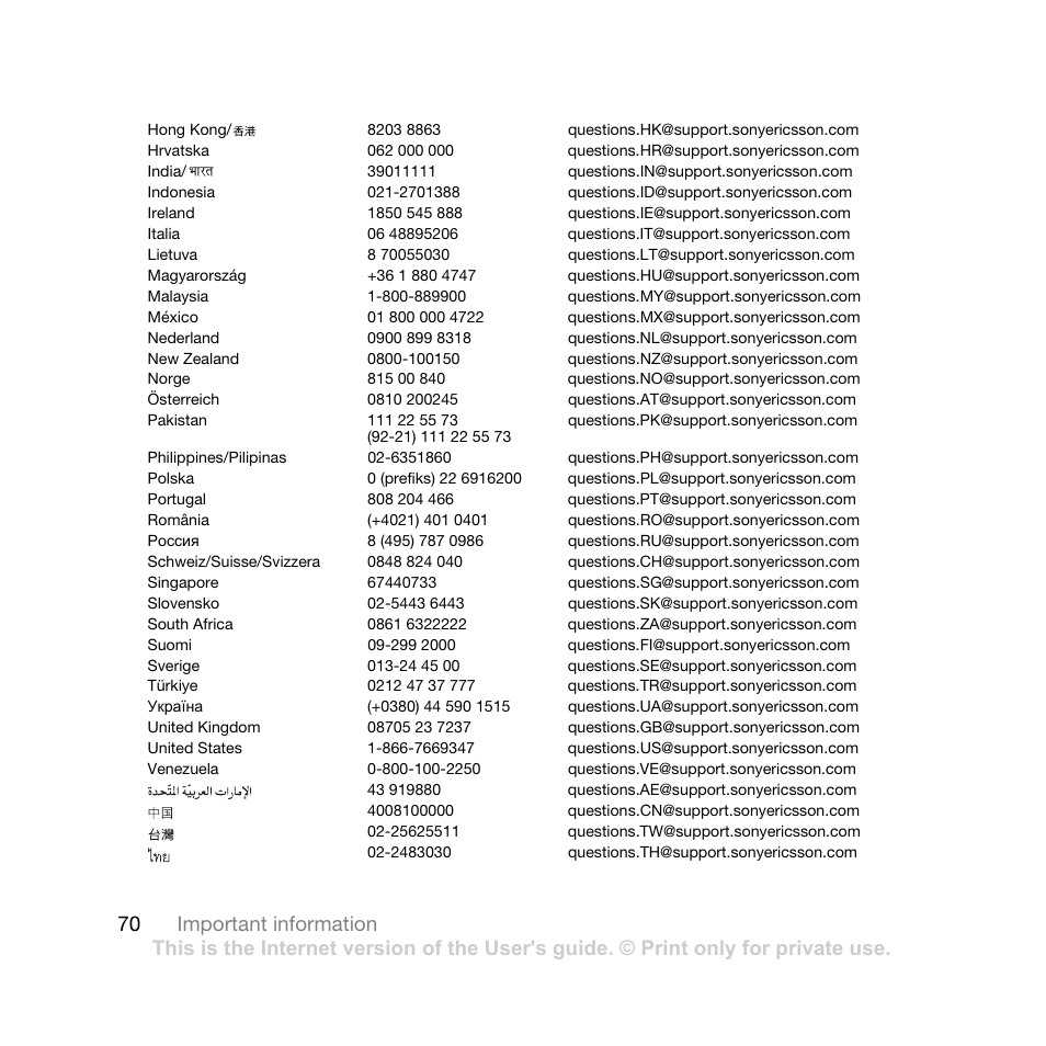 70 important information | Sony Ericsson K770i User Manual | Page 72 / 84