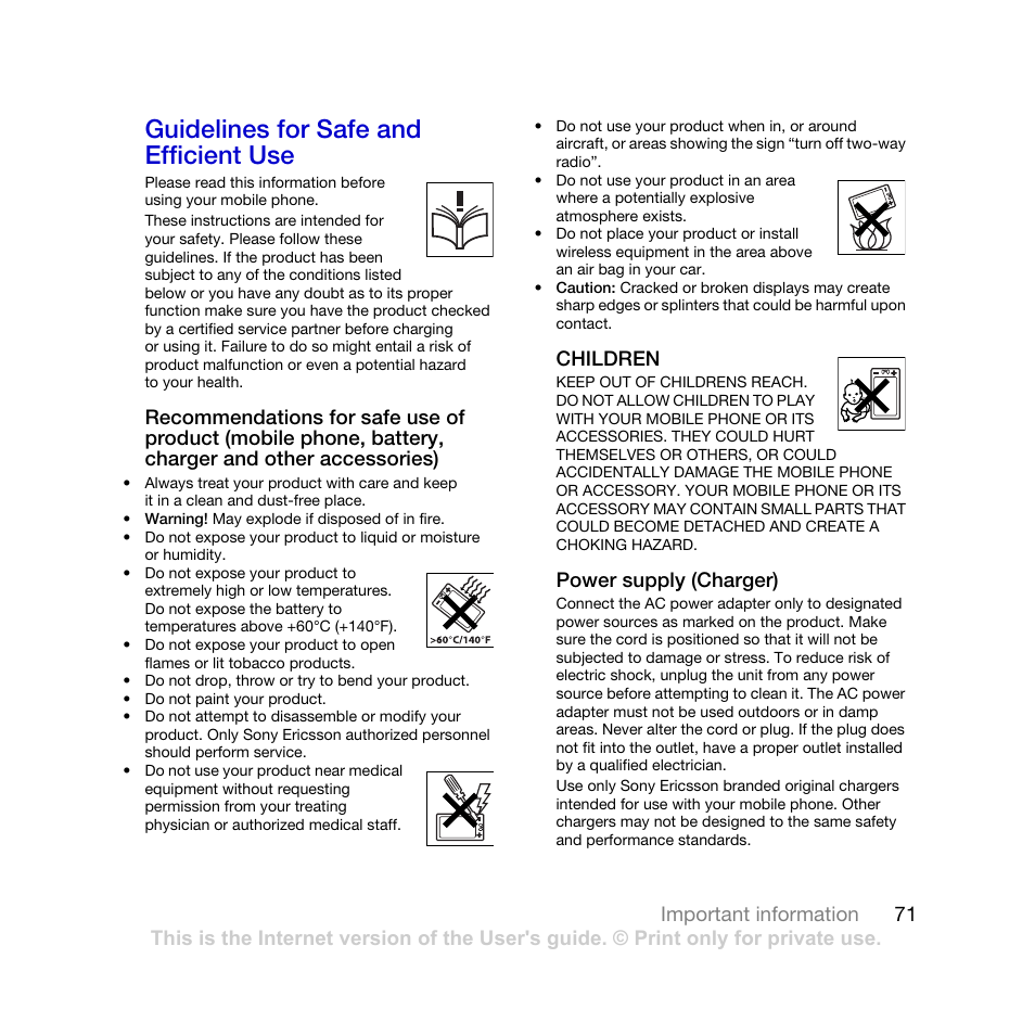 Guidelines for safe and efficient use | Sony Ericsson K770i User Manual | Page 73 / 84