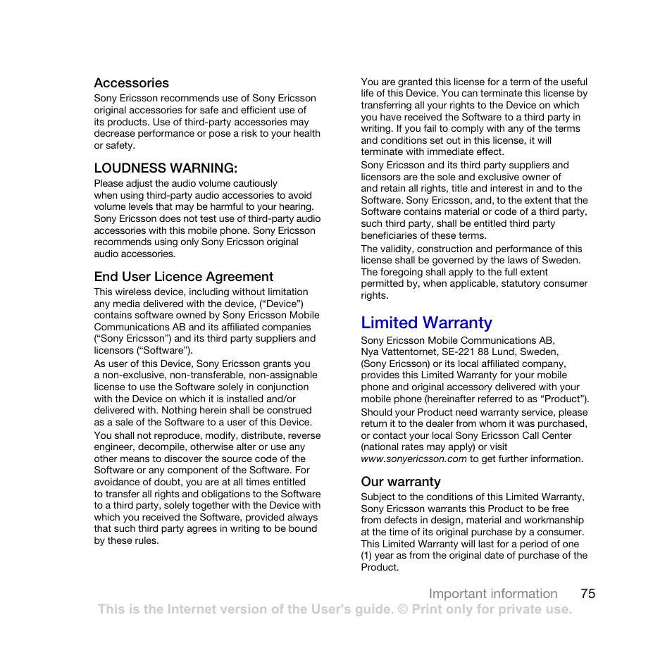 Limited warranty | Sony Ericsson K770i User Manual | Page 77 / 84