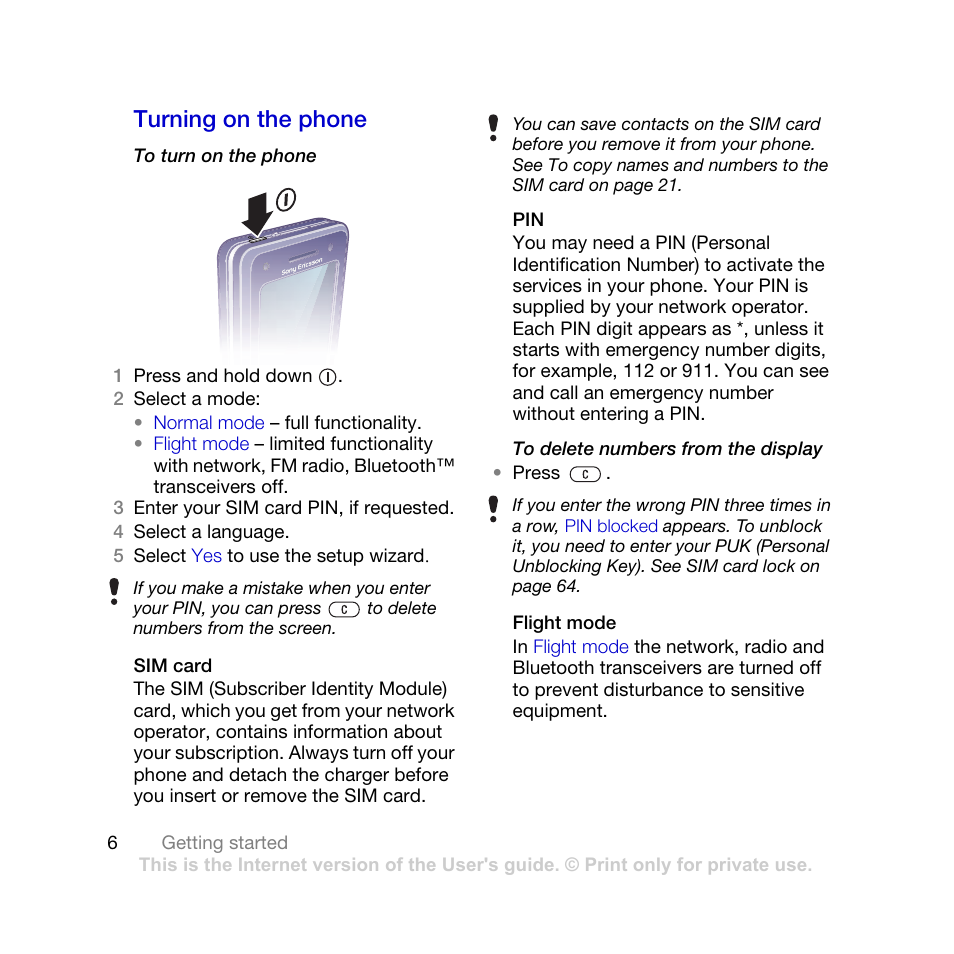 Turning on the phone | Sony Ericsson K770i User Manual | Page 8 / 84