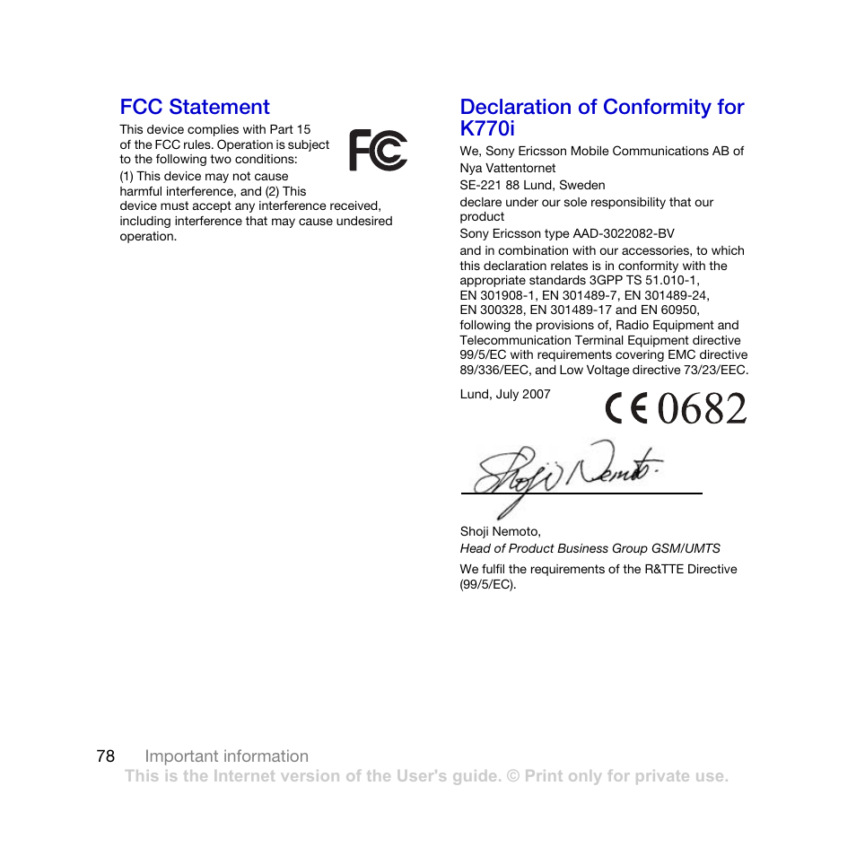 Fcc statement, Declaration of conformity for k770i | Sony Ericsson K770i User Manual | Page 80 / 84