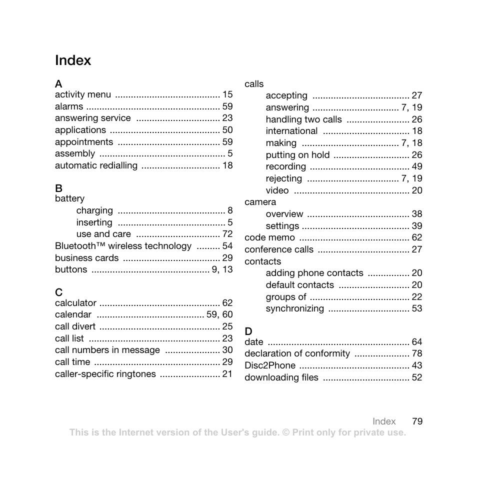 Index | Sony Ericsson K770i User Manual | Page 81 / 84