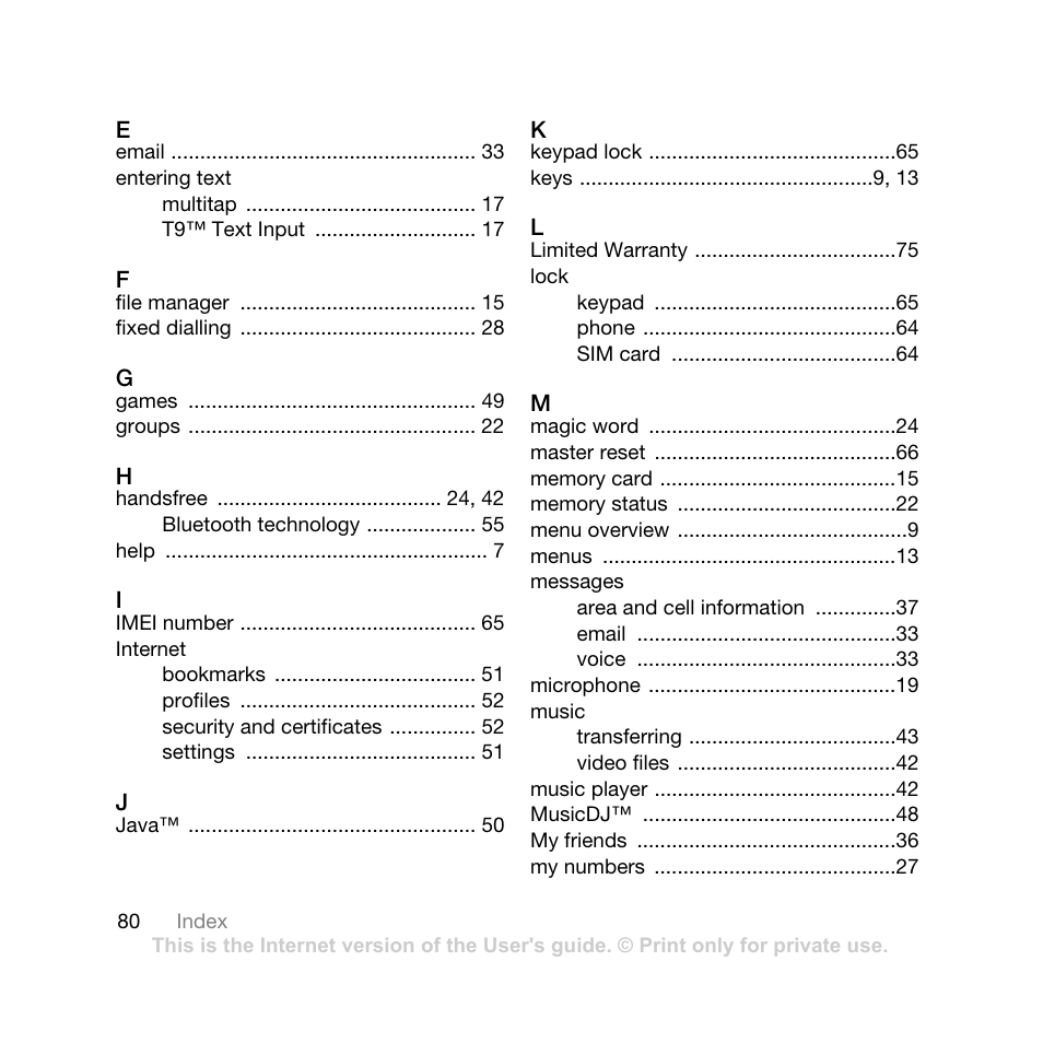 Sony Ericsson K770i User Manual | Page 82 / 84