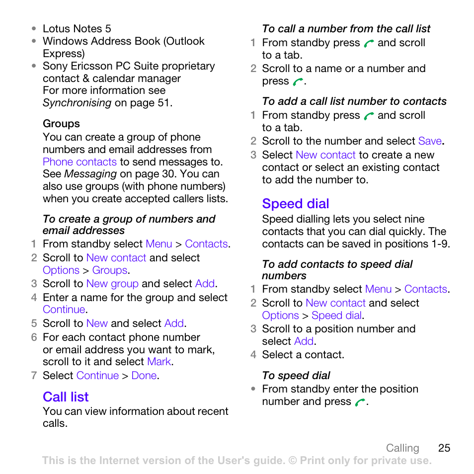Call list, Speed dial, Call list speed dial | And call list on | Sony Ericsson W760i User Manual | Page 27 / 79