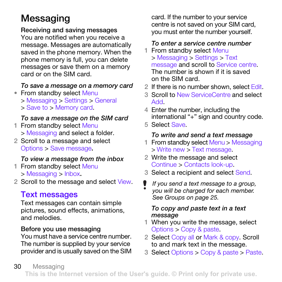 Messaging, Text messages, See messaging | Ge 30 | Sony Ericsson W760i User Manual | Page 32 / 79