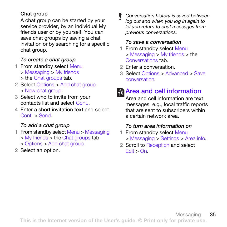 Area and cell information | Sony Ericsson W760i User Manual | Page 37 / 79