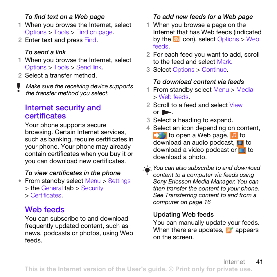 Internet security and certificates, Web feeds, Internet security and certificates web feeds | Sony Ericsson W760i User Manual | Page 43 / 79