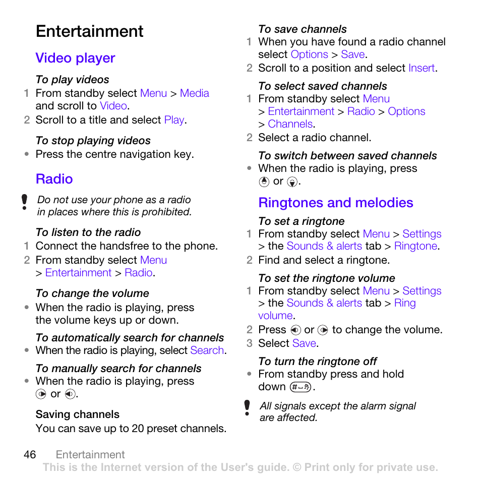 Entertainment, Video player, Radio | Ringtones and melodies, Video player radio ringtones and melodies | Sony Ericsson W760i User Manual | Page 48 / 79