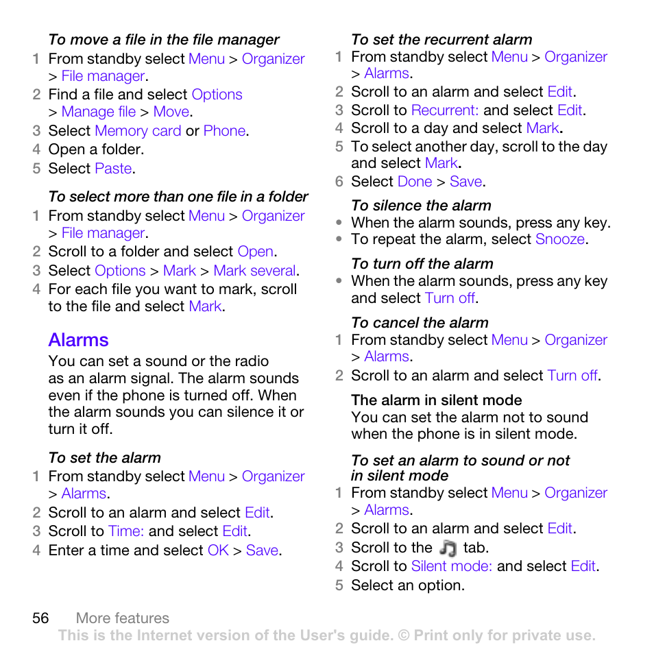 Alarms | Sony Ericsson W760i User Manual | Page 58 / 79