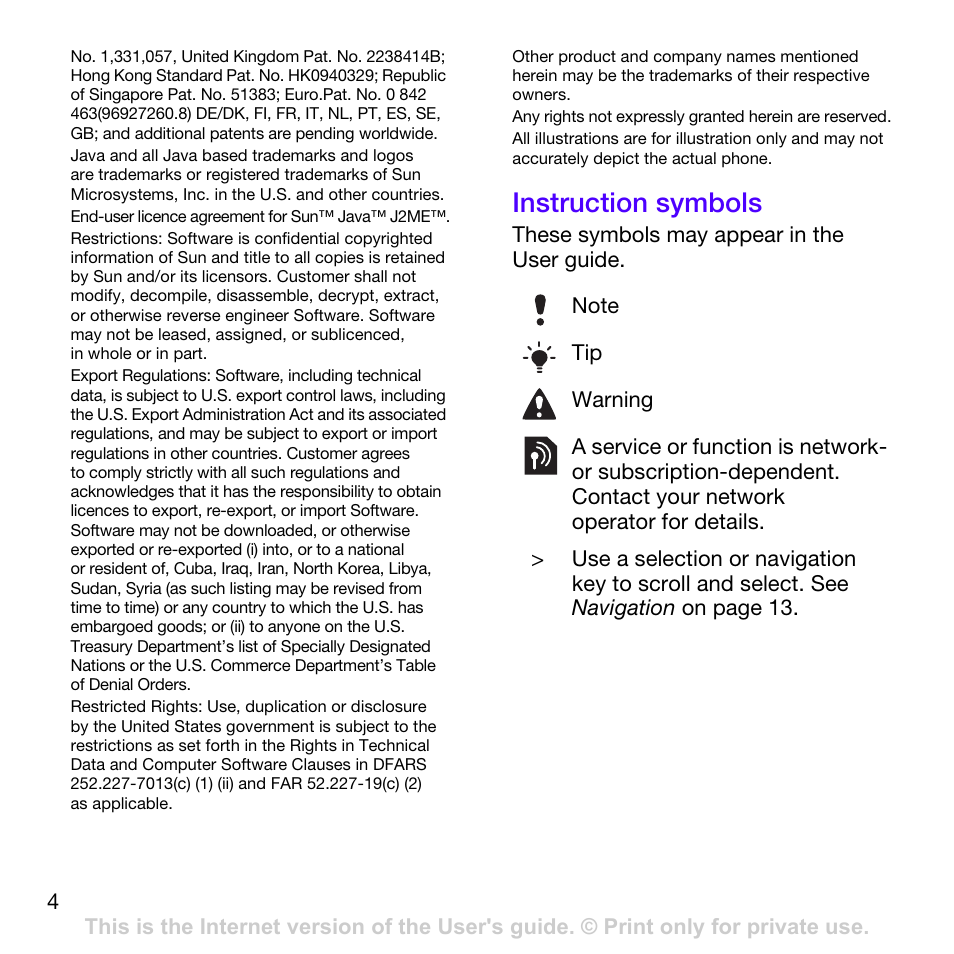 Instruction symbols | Sony Ericsson W760i User Manual | Page 6 / 79