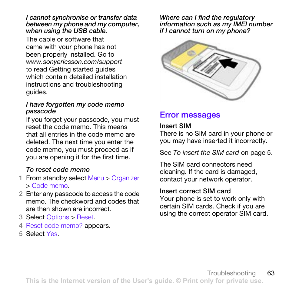 Error messages | Sony Ericsson W760i User Manual | Page 65 / 79