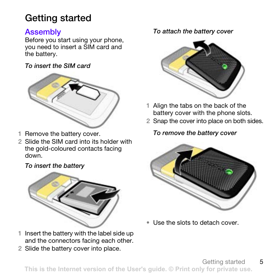 Getting started, Assembly | Sony Ericsson W760i User Manual | Page 7 / 79