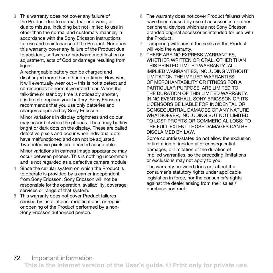 72 important information | Sony Ericsson W760i User Manual | Page 74 / 79