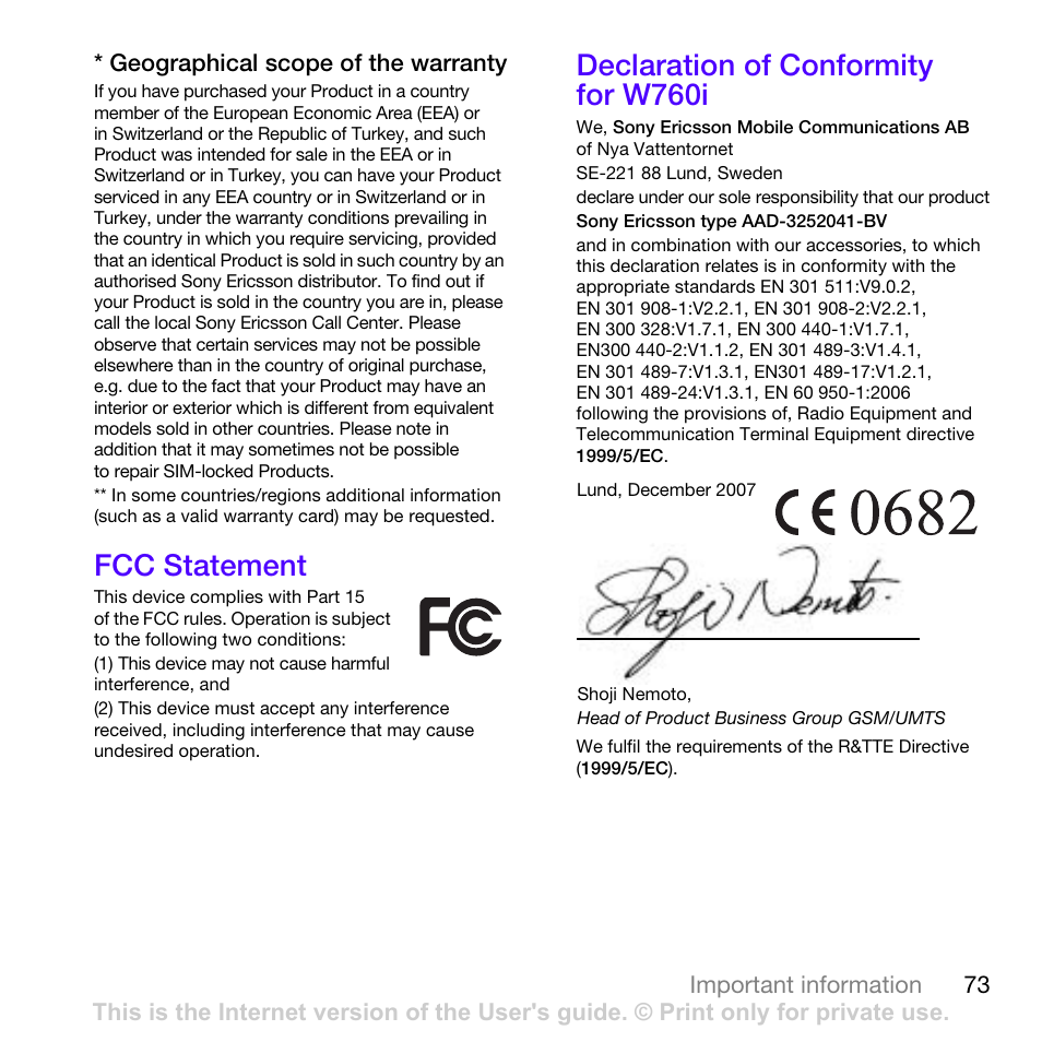 Fcc statement, Declaration of conformity for w760i, Fcc statement declaration of conformity for w760i | Sony Ericsson W760i User Manual | Page 75 / 79