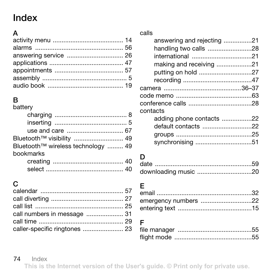 Index | Sony Ericsson W760i User Manual | Page 76 / 79