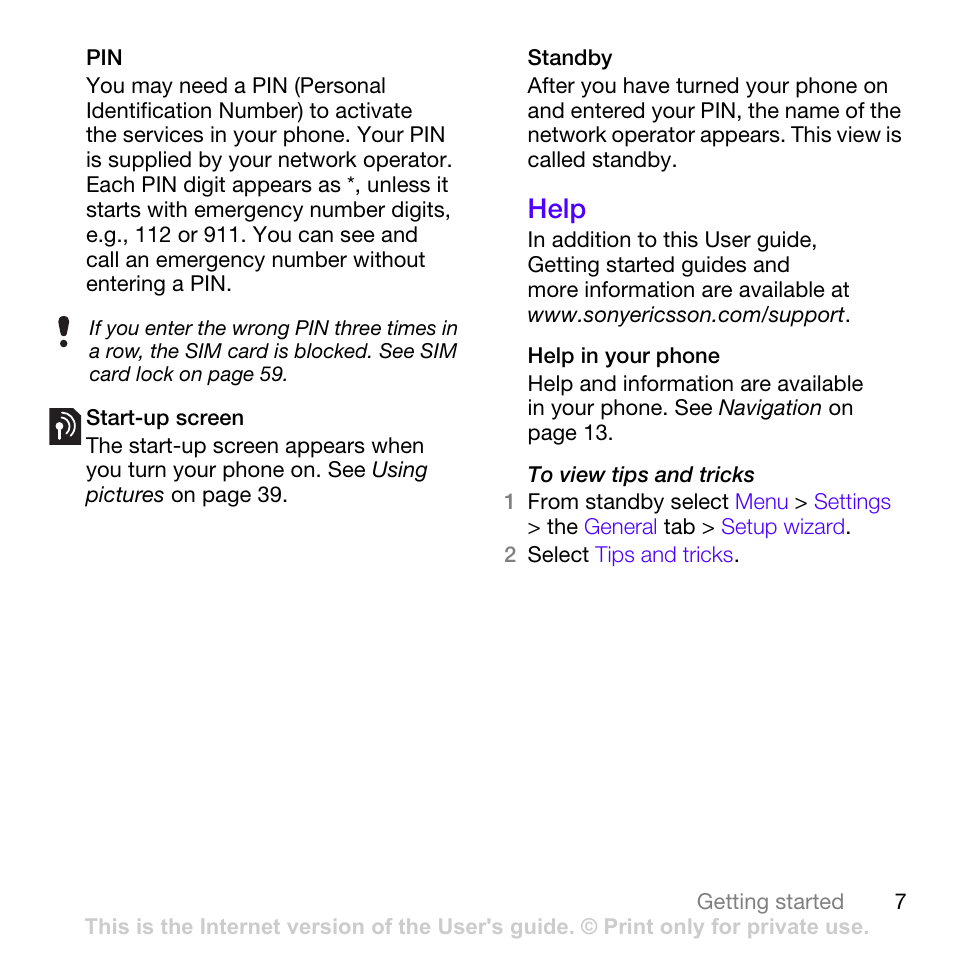 Help | Sony Ericsson W760i User Manual | Page 9 / 79