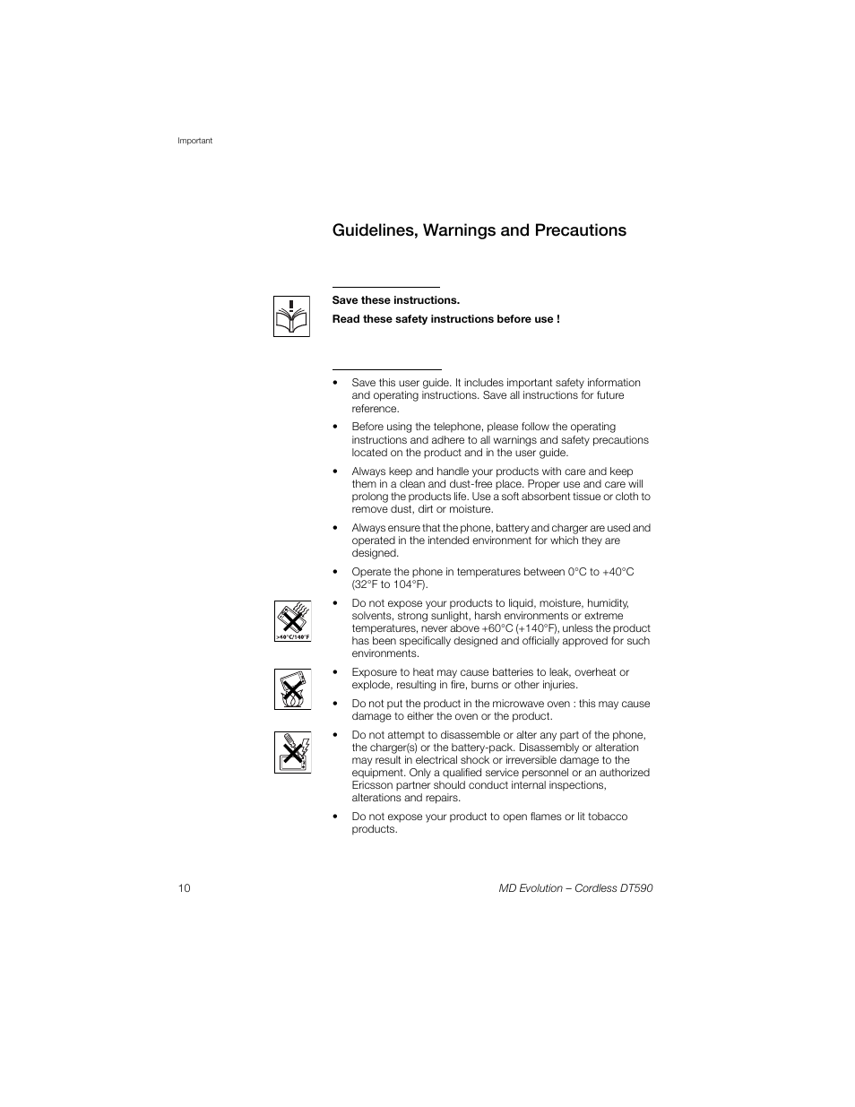 Guidelines, warnings and precautions, Safety instructions, Recommendations | Sony Ericsson Cordless DT590 User Manual | Page 10 / 164