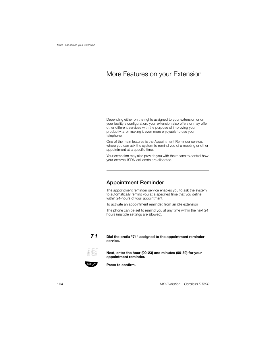 More features on your extension, Appointment reminder, Activate reminder service | Sony Ericsson Cordless DT590 User Manual | Page 104 / 164