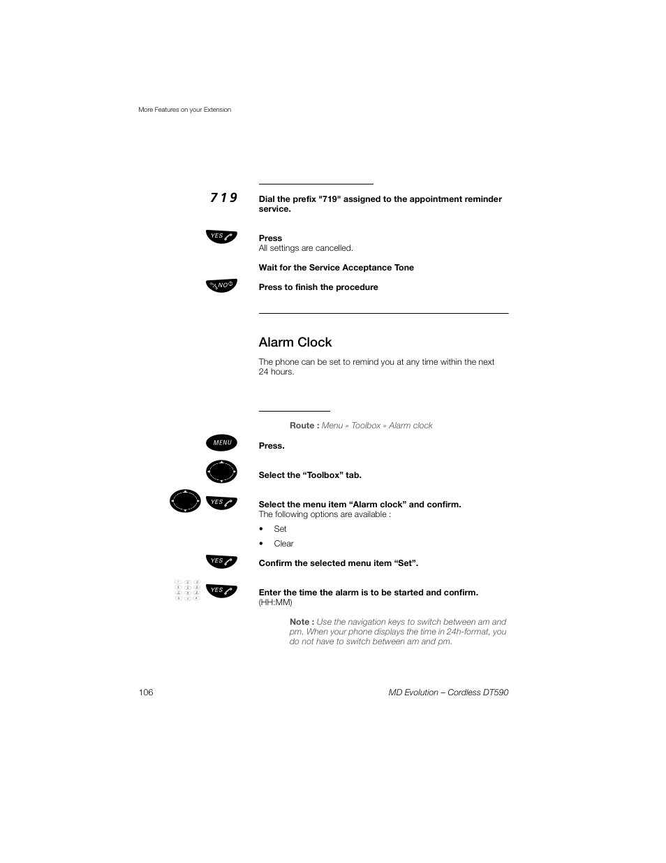 Cancel reminder service, Alarm clock, Set alarm clock | ºь ы | Sony Ericsson Cordless DT590 User Manual | Page 106 / 164