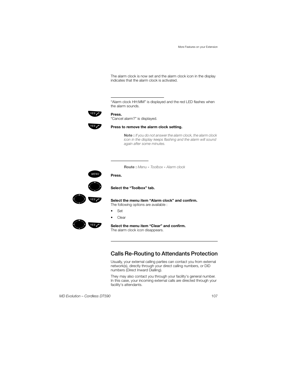 Receive an alarm clock call, Cancel alarm clock, Calls re-routing to attendants protection | ºь ы | Sony Ericsson Cordless DT590 User Manual | Page 107 / 164