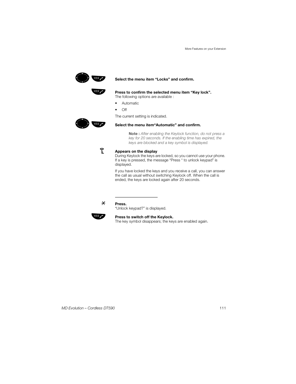 To unlock the keypad, ºь ы | Sony Ericsson Cordless DT590 User Manual | Page 111 / 164