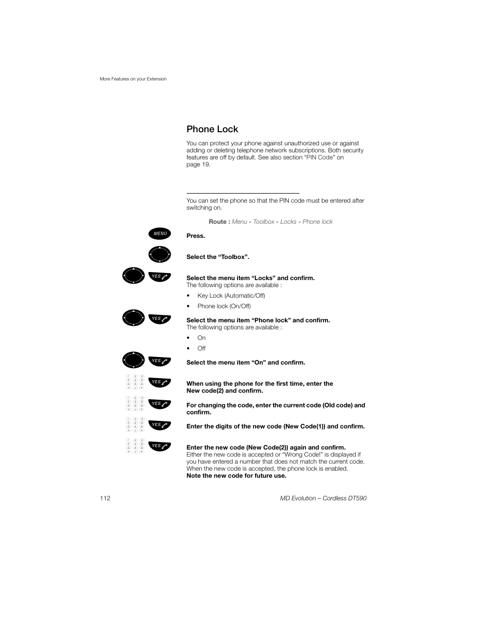 Phone lock, Securing against unauthorized use, ºь ы | Üº ь ы | Sony Ericsson Cordless DT590 User Manual | Page 112 / 164