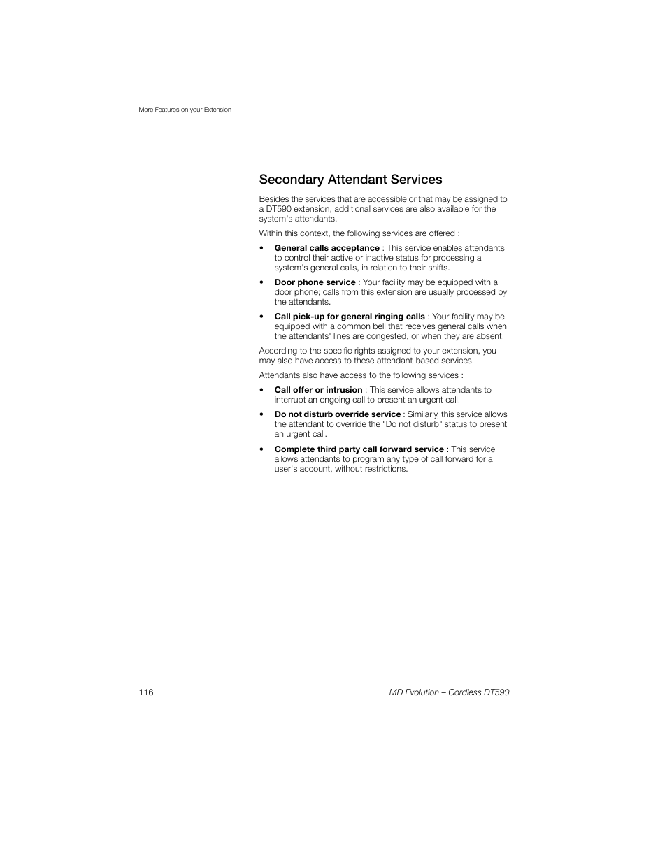 Secondary attendant services | Sony Ericsson Cordless DT590 User Manual | Page 116 / 164