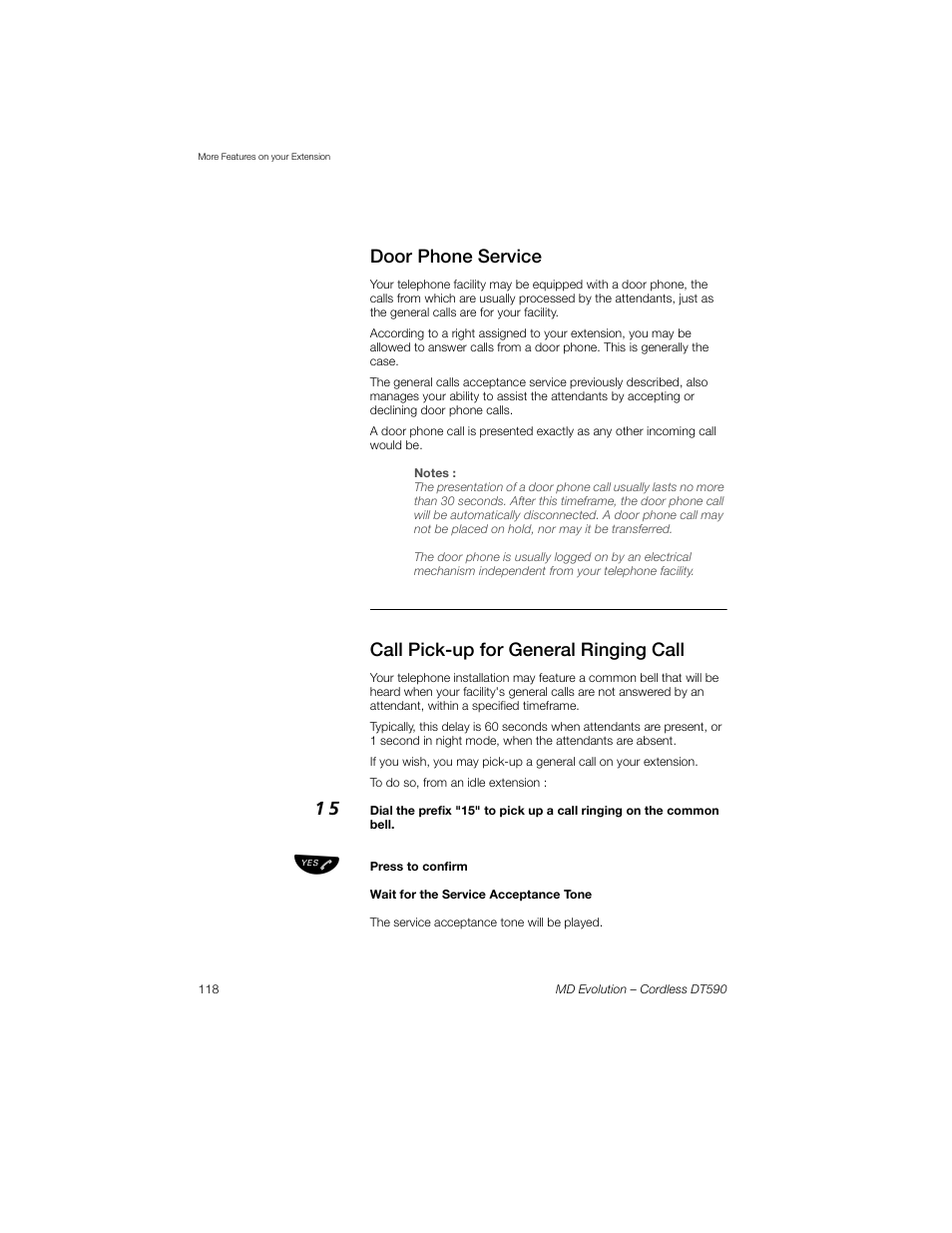 Door phone service, Call pick-up for general ringing call | Sony Ericsson Cordless DT590 User Manual | Page 118 / 164