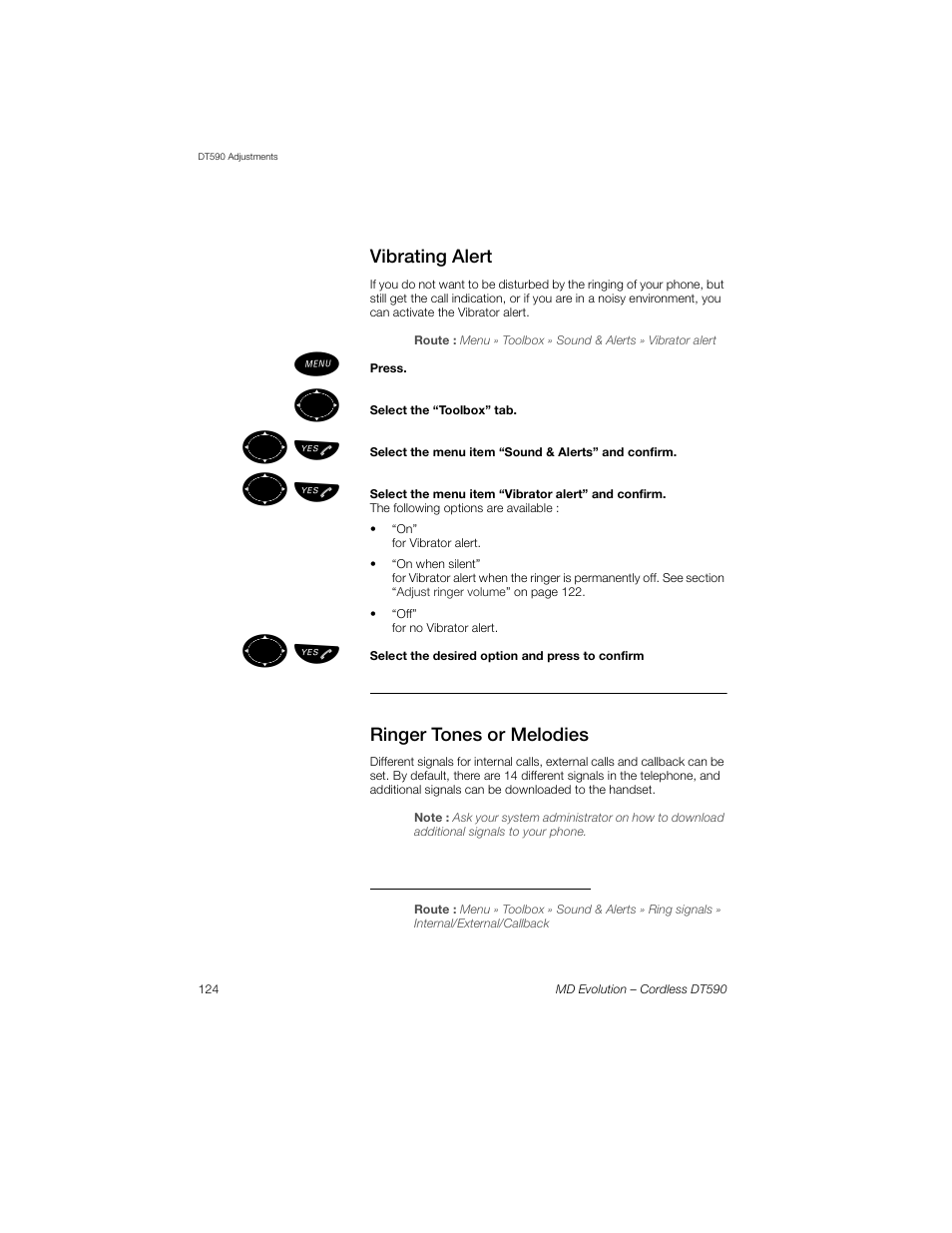 Vibrating alert, Ringer tones or melodies, To set the sound for a ringing type | ºь ы | Sony Ericsson Cordless DT590 User Manual | Page 124 / 164